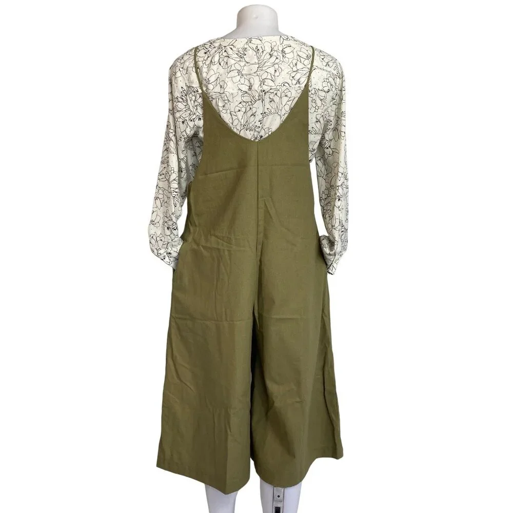 Mod Ref Sage Green Linen Jumpsuit Crop Wide Leg Overalls Womens Relaxed Fit - Picture 8 of 11